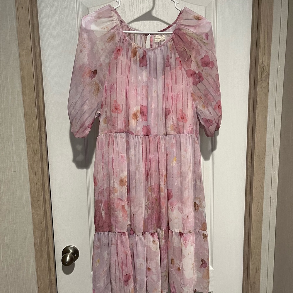 MELLODAY Pink Tiered Smocked Dress with Scoop Neck